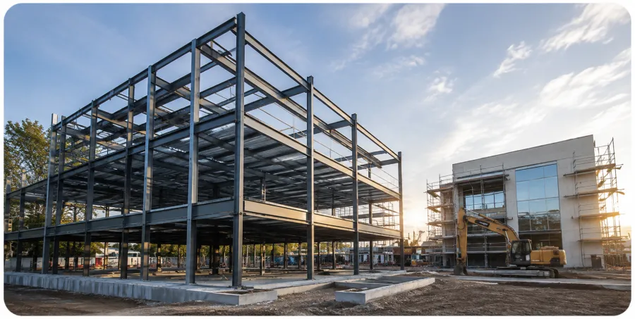 Steel-framed commercial building under construction by RDK Civil Engineering