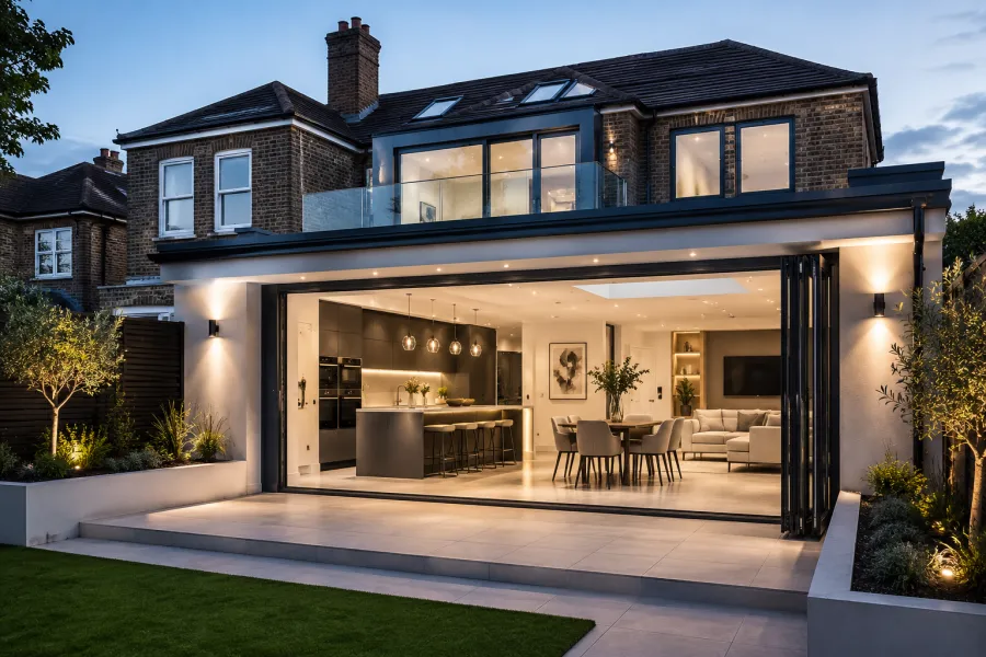 Illuminated home extension with open bi-fold doors by RDK Design & Build