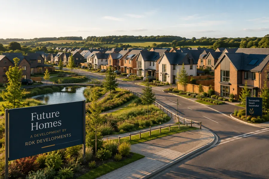Future Homes development sign in front of a new-build residential street by RDK Developments