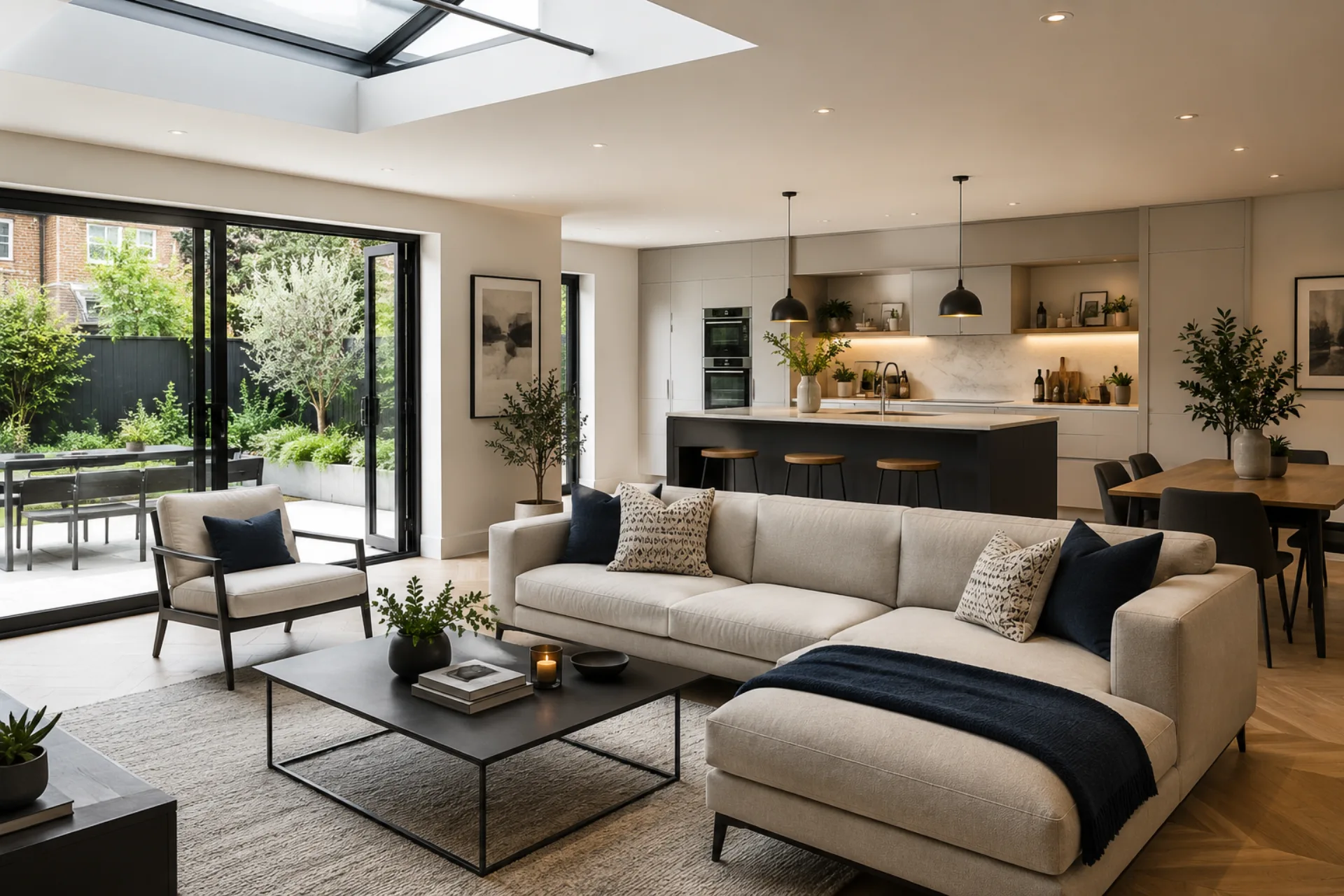 Modern open-plan kitchen and living extension with bi-fold doors opening to a garden, built by RDK Design & Build