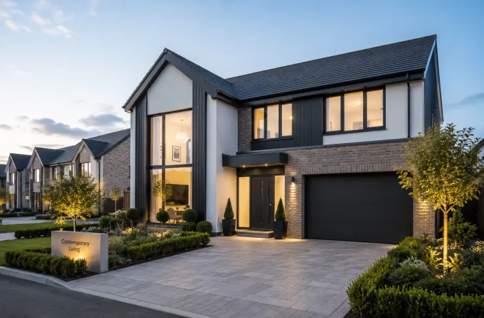 Contemporary new build residence at dusk in Hampshire