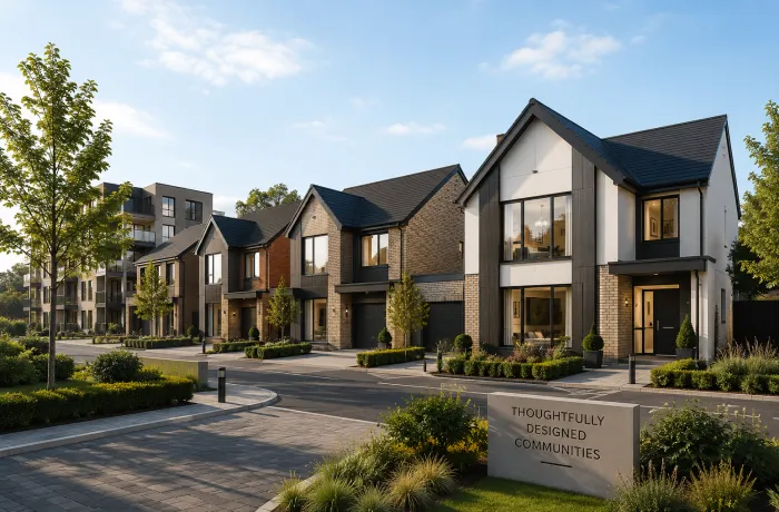 Thoughtfully designed residential development street scene in London
