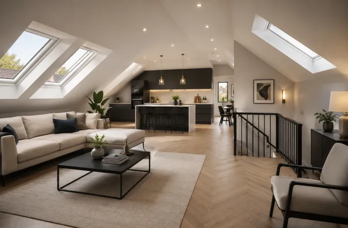 Bright loft conversion living space with skylights in Oxford